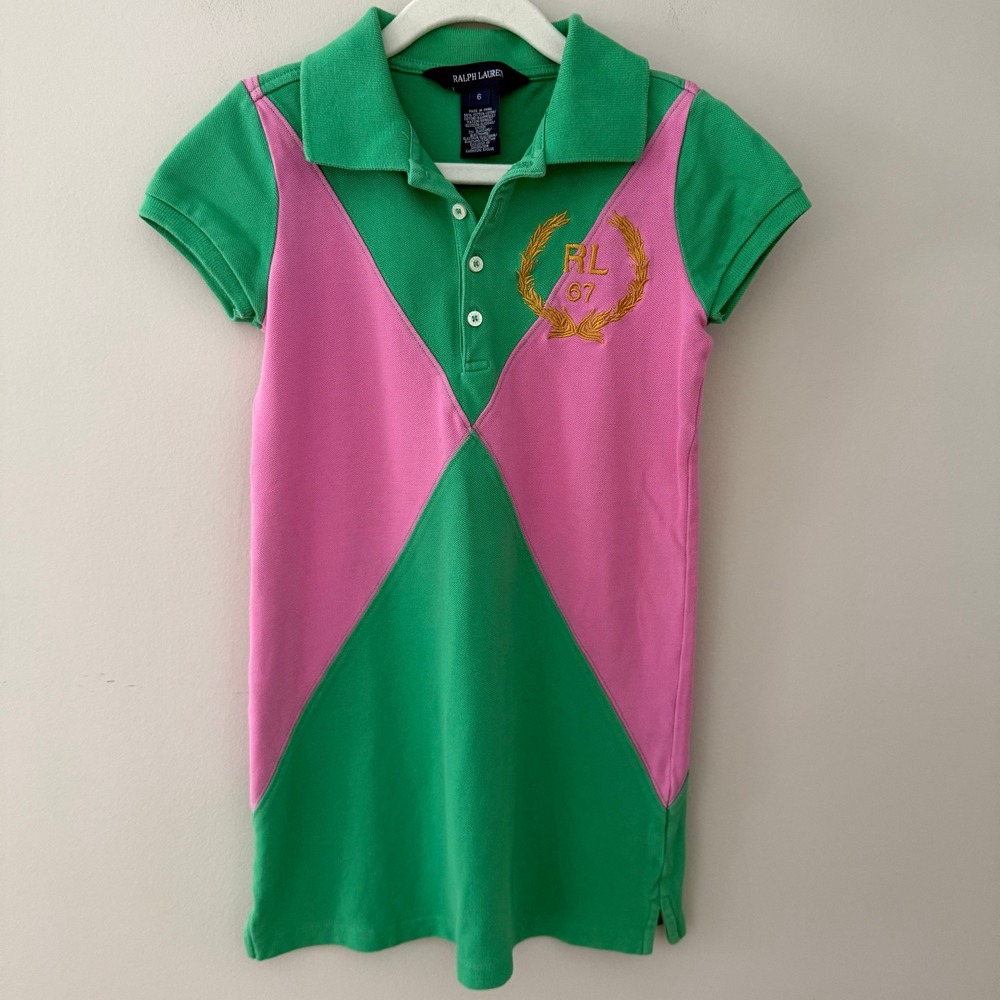Ralph Lauren Girls Green Pink Colorblock RL 67 Crest Polo Shirt Size 6 Short Slv